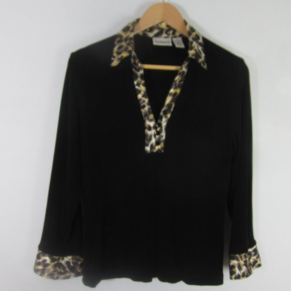 Chicos 1 Travelers Womens Medium Black Animal Print LS Stretch Knit Shirt Top - Picture 5 of 6